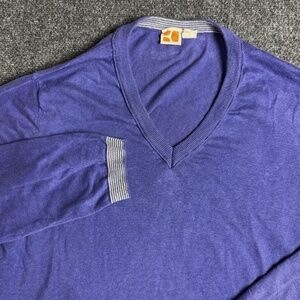 Hugo Boss Orange Label Men's Linen Blue Long Sleeve V Neck Knit Sweater L XL XXL